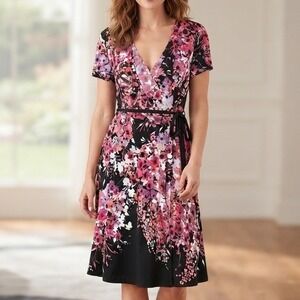 Apt 9 Womens Pink Floral Faux Wrap Dress Short Sleeve V-Neck Knee Length Medium